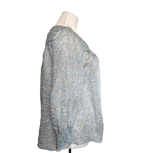 Lafayette 148 New York Silk Blend Paley Jacquard Long Sleeve Top Blue Cream XS - Picture 4 of 16